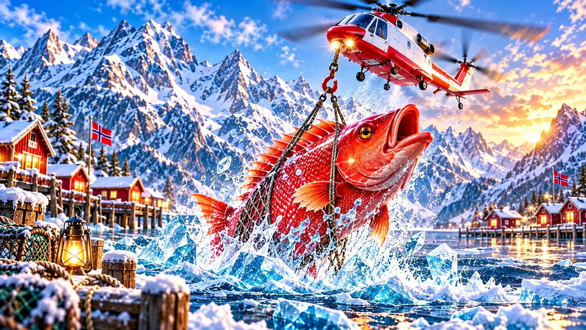 Helikopter løfter en gigantisk rød fisk i nett opp av isen i Ice Fishing
