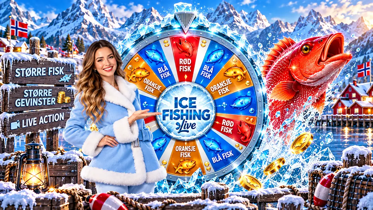 Programleder i Ice Fishing ved siden av hjulet med felt for blå, oransje og rød fisk